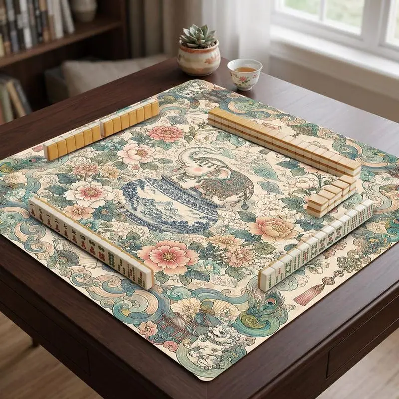 VIKAMA Chinese Porcelain Elephant Peony Mahjong Mat Thick Soundproof Dual Use Mahjong Poker Desktop Table Pad
