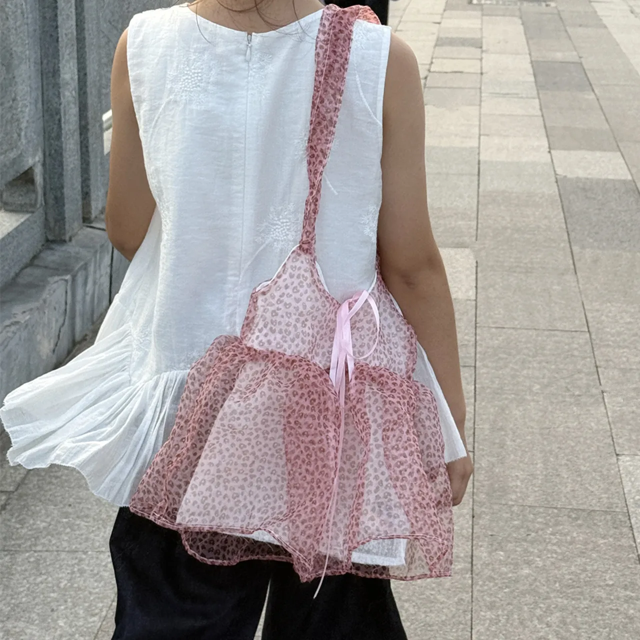 Kawaii Skirt Design Storage Bags Leopard Sheer Organza Tote Bag Sweet Girls Transparent Mesh Handbag Daily Travel Bag