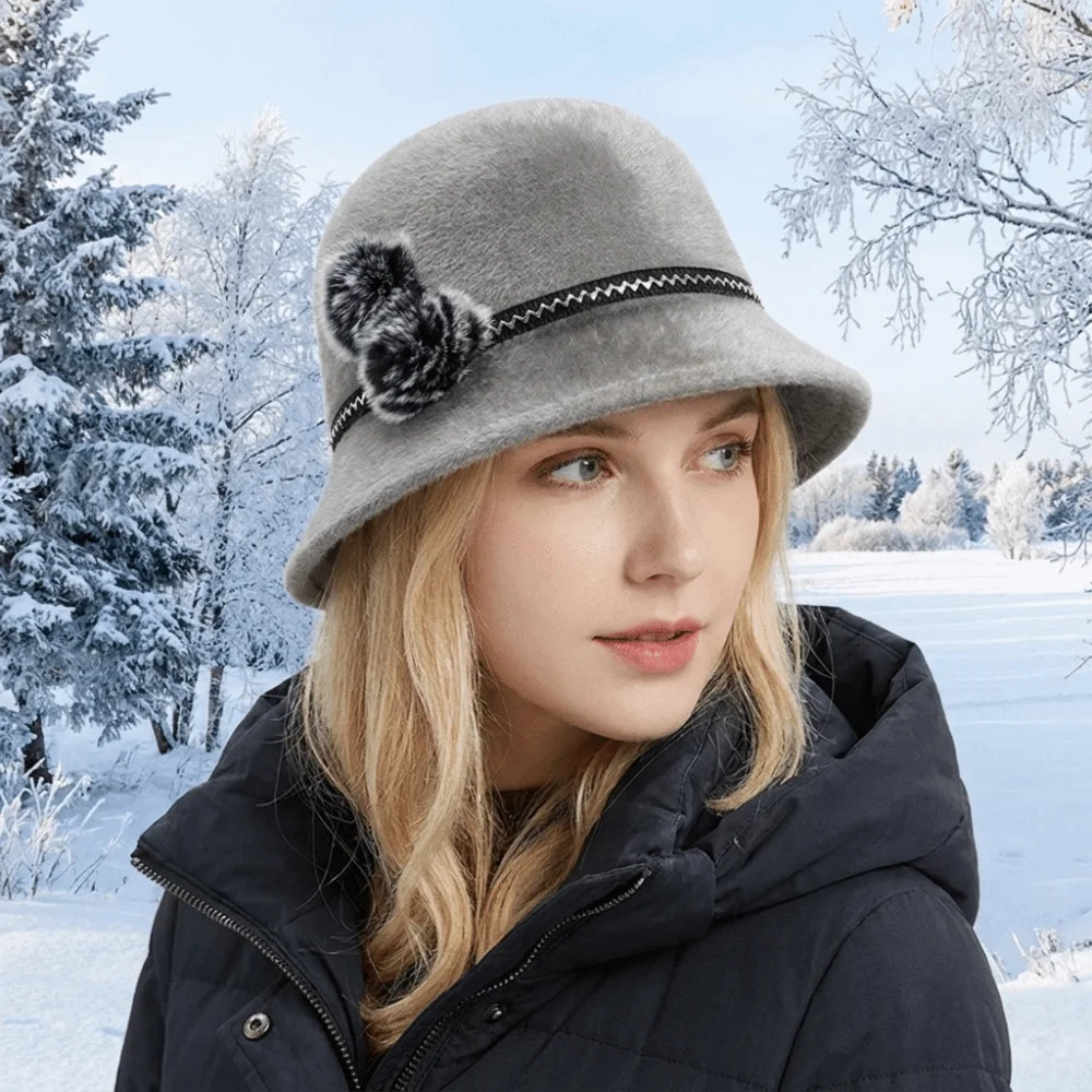 Fashion Imitation Fur Topper Hat Solid Color French Style Fisherman Hat Plush Ball Hepburn Woolen Bucket Hat Lady