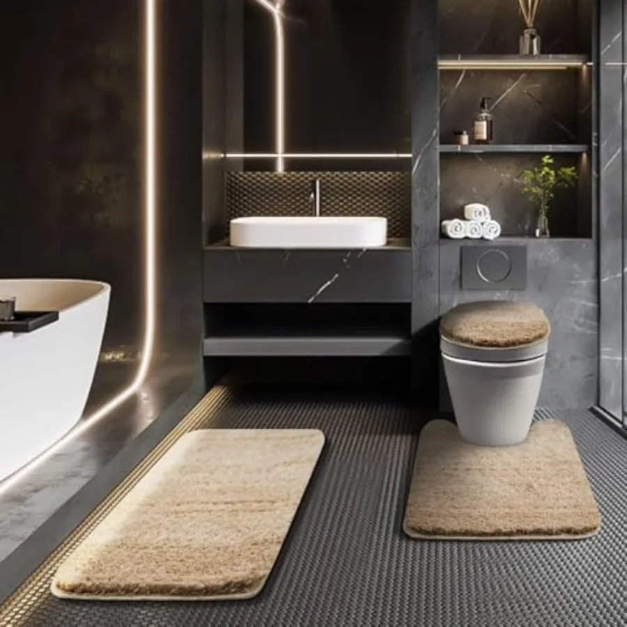 

Bathroom Rugs Sets 3 Pcs with Adjustable Toilet Seat Cover 17.5"x 15" Machine Washable Bath Rug Set with TPR Non Slip Rubber Ba