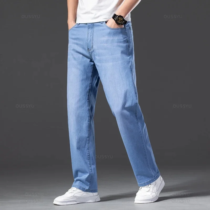 Men Jeans Classic Summer Lyocell Cotton Straight Stretch Brand Denim Pants Overalls Light Blue Fit Trouser Plus Size 40 42