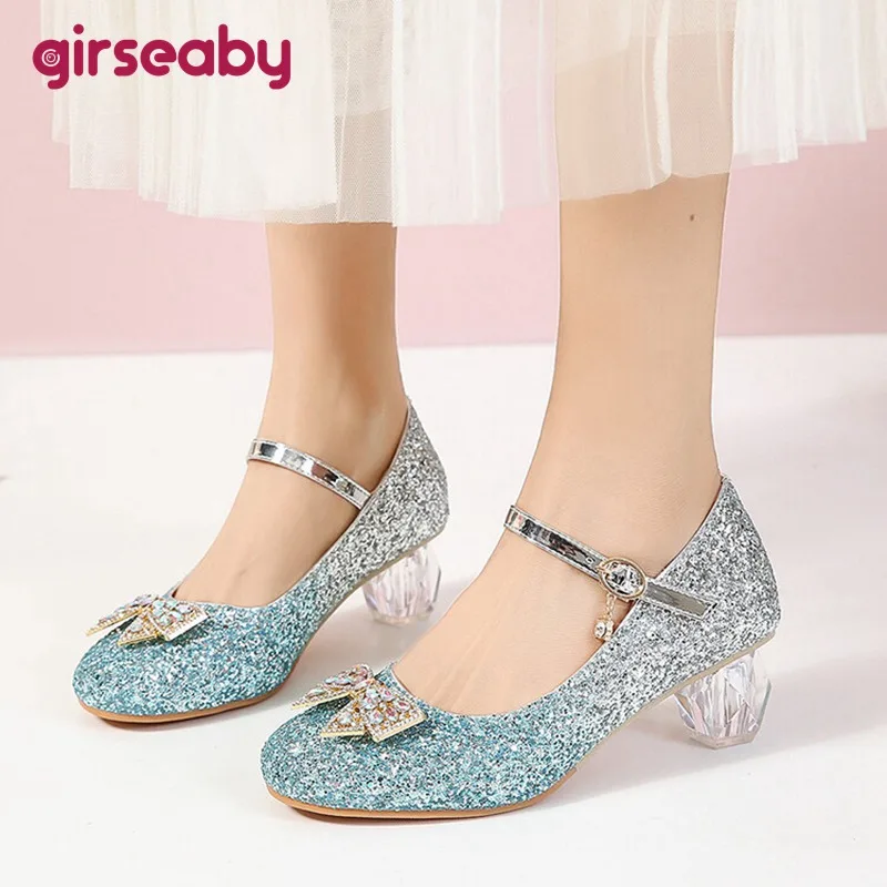 Girseaby Women Wedding Princess Pumps Mary Janes Bow Blue Sequins 5cm Heel Glitter Colorful Big Small Size 28 43