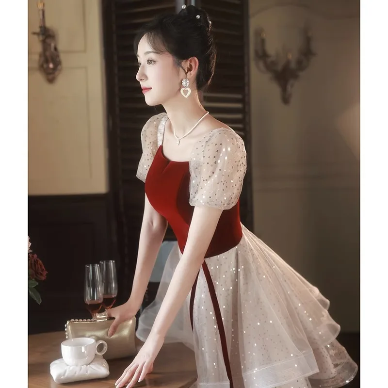 Wine Red Square Collar Evening Dress Princess  Puff Sleeve Lace Up bow Engagement Dresses French Long/Short Sequin Ball Gown