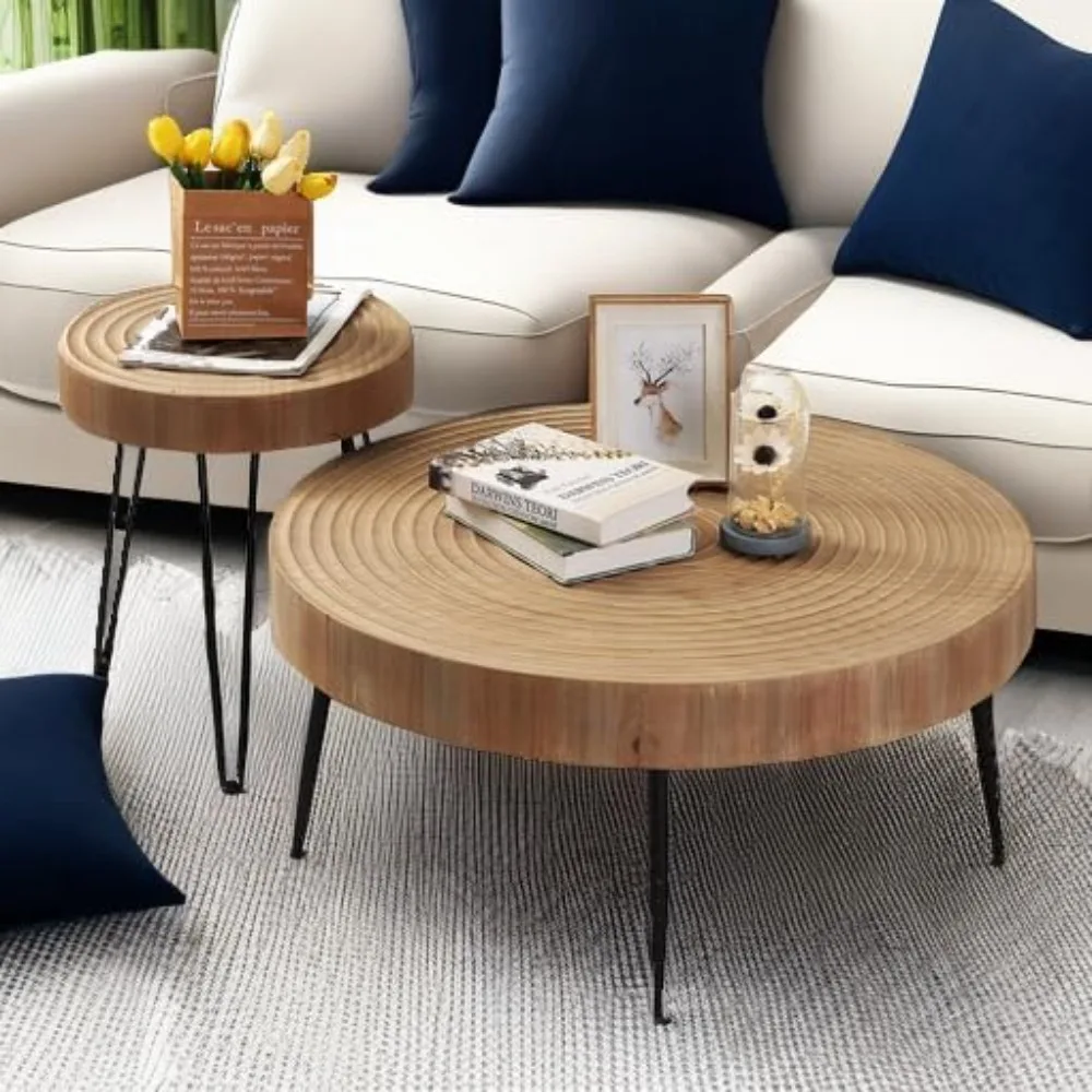 Modern Circle Natural Wood Finish Coffee and End Table Set for Rustic Farmhouse Style