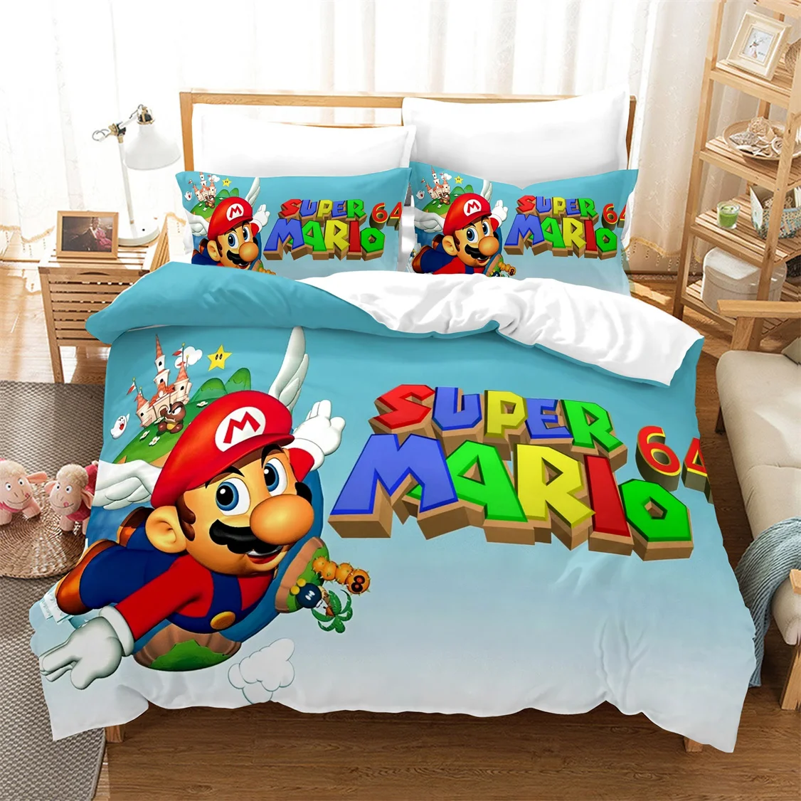 Gamer Mario Print Duvet Cover 3D Cartoon Super Mario Bedding SetBedspread Pillowcase Bed Clothes Kids Boys Bed Bedroom Set