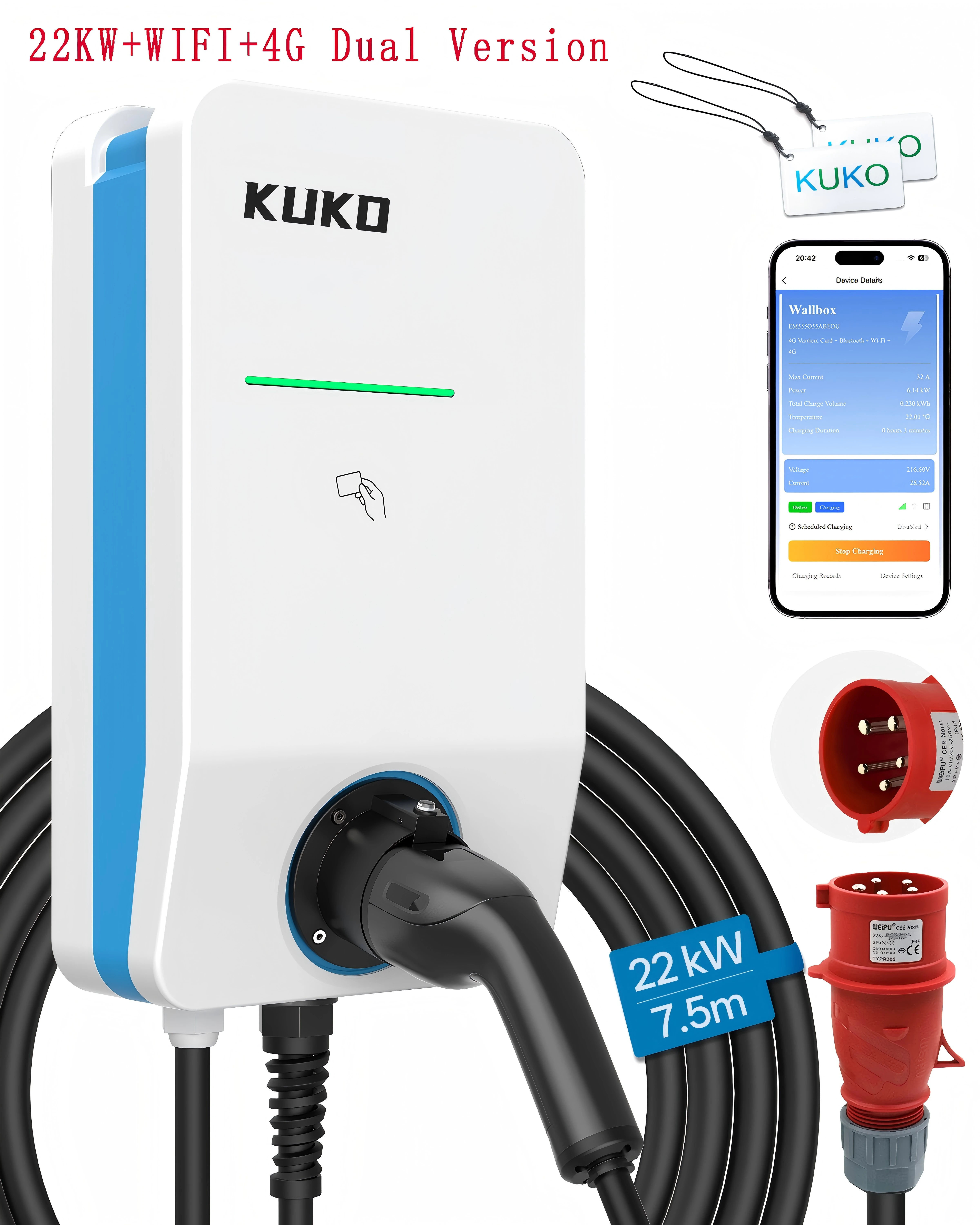 KUKO 7/11/22kW Type 2 EV-lader 32A Enkelfasig/Meerfasig Draagbare Lader Wallbox EVSE Snellaadkabel CEE Stekker WiFi App Bluetooth Besturing /EV-lader voor ID.3/4/5/7, IX1 en andere BEV/PHEV en andere