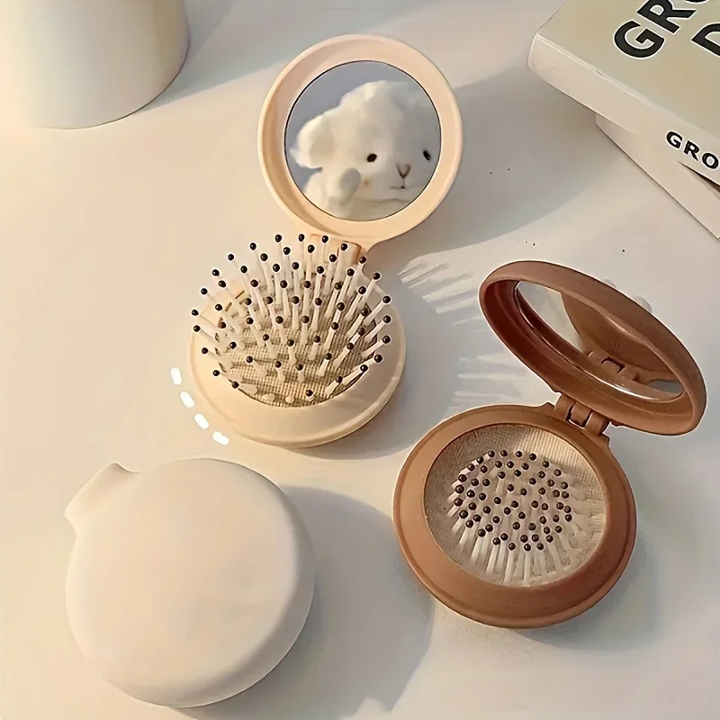Mini Portable Folding Travel Hair Brush with Mirror for Women Lightweight Plastic Dual Fold Design for Outdoor Use Hand Washable