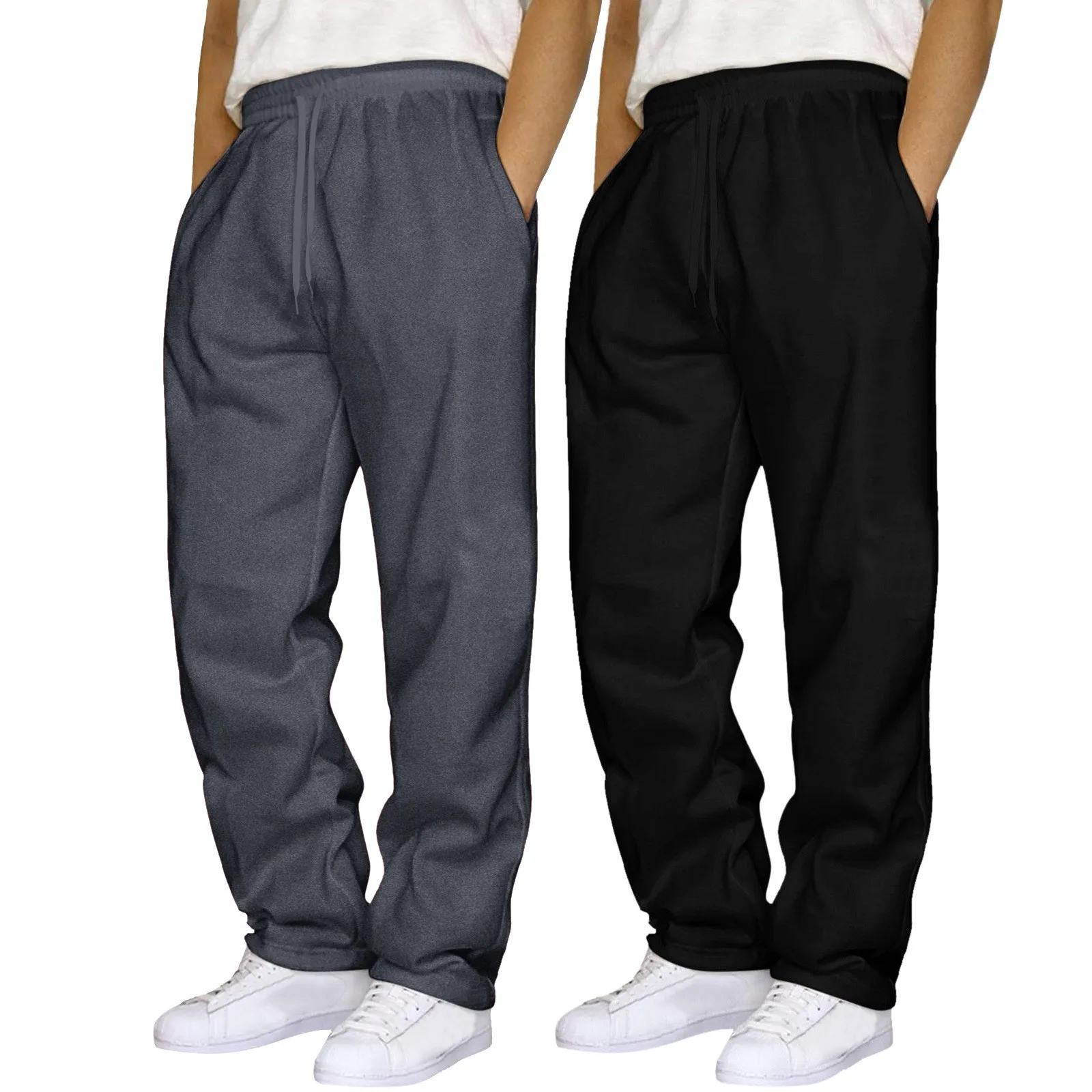 

Mens Solid Colour Casual Straight 2pc Trousers Loose Drawstring Classic Street Hip Hop Long Pants American Oversize Y2k Trousers