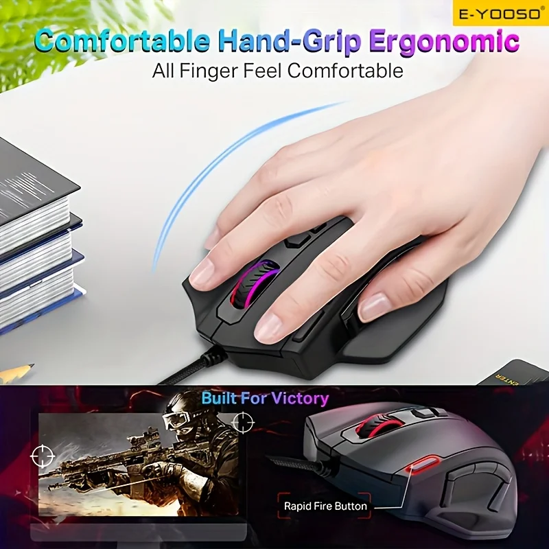 1pc E-YOOSO Wired Gaming Mouse with RGB Lighting, Macro Editing, Side Keys Ergonomic Compatible  Windows 7,  Office Use, Gaming