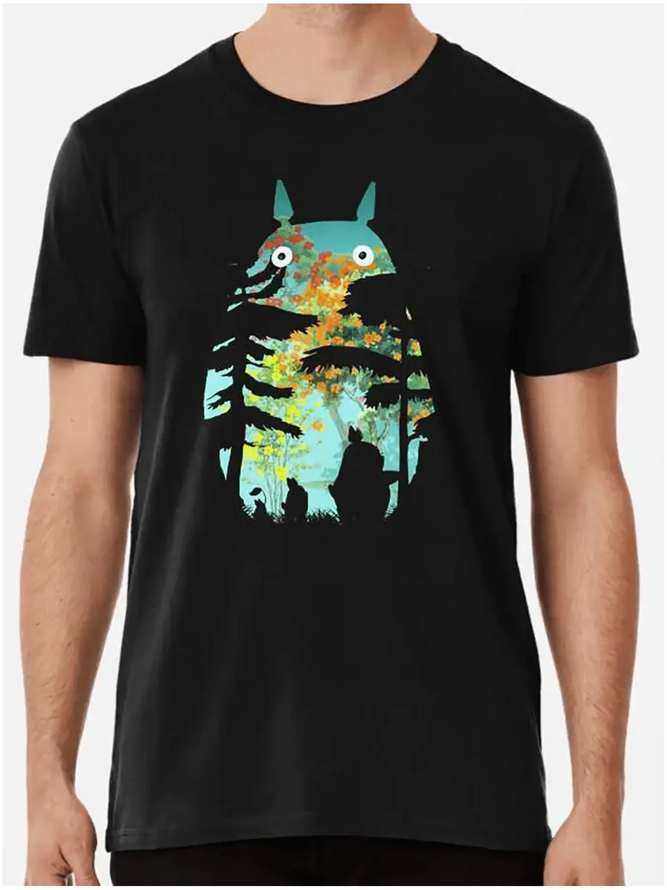 Men's Black T-Shirt Short-Sleeved Pure Cotton Printed Fun Blue-Green Elf Forest Scenery cartoon Pattern, Factory Straight Hair from