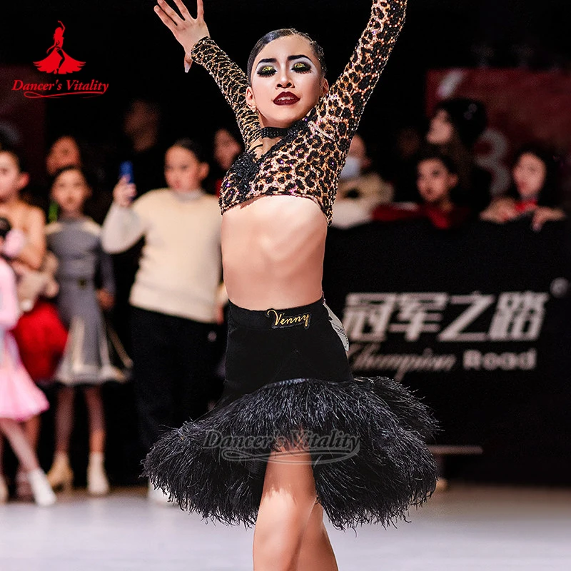 Latin Dance Dew Shoulder Leopard Print Tops+Feather Skirt Set Teenagers Samba Jive Contest Clothing Customized Dancer's Vitality