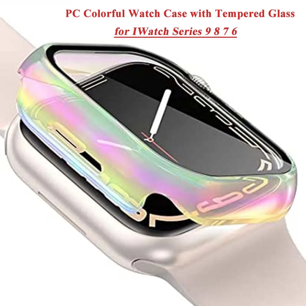 NEW PC Colorful Watch Case Built-in Tempered Glass for Apple Watch 45mm 40mm 44mm 41mm IWatch Series 9 8 7 6 SE 5 Coverage Cover