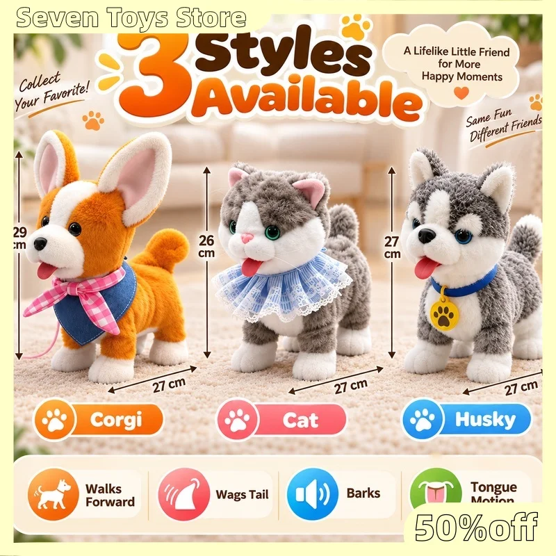 Interactive Walking Plush Dog Cat Electronic Pet Companion Realistic Moving Animal with Forward Motion Sound Desktop Gift Decor