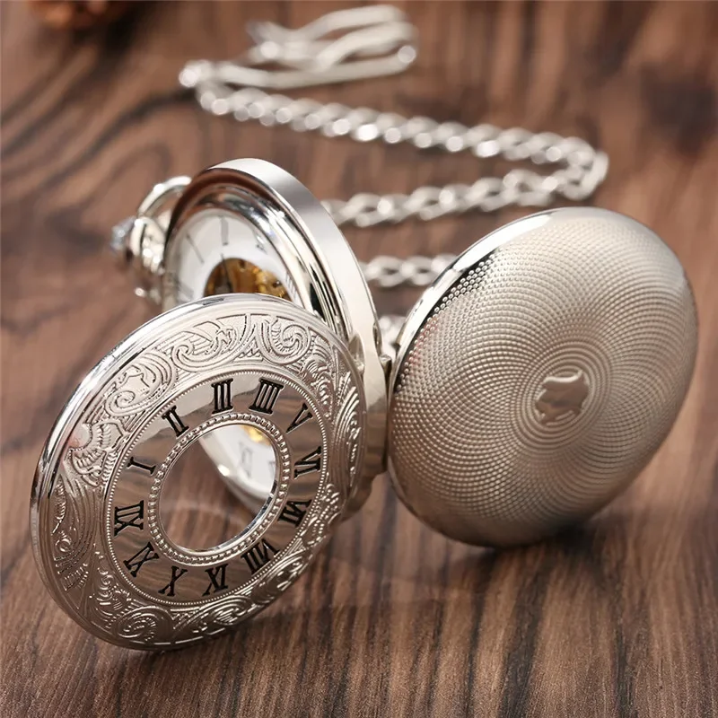 Reloj de bolsillo mecánico Steampunk de plata para hombres y mujeres, Reloj de cadena con colgante de esfera de Número romano de doble cazador