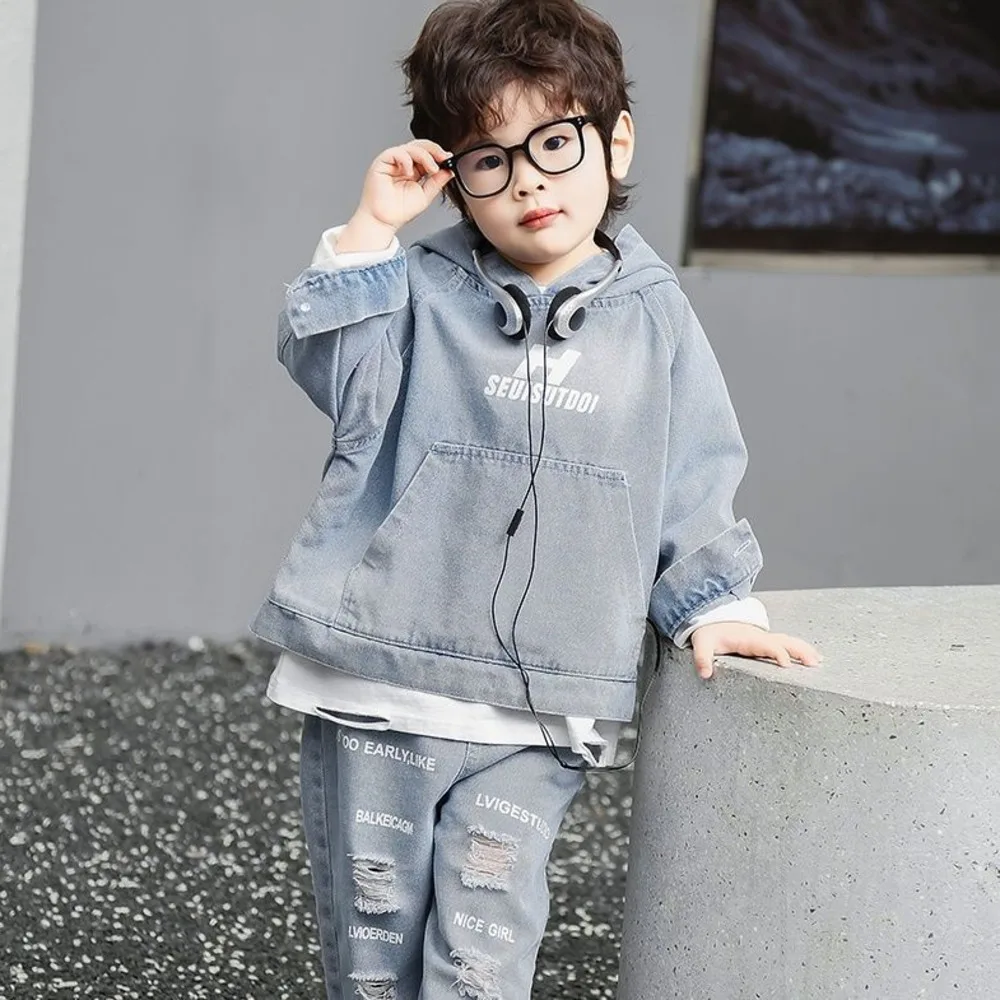 Children's Hooded Denim Jacket Jeans Two-piece Sets 2024 Boys' Spring And Autumn Loose Casual Letter Hole Cowboy Clothes Suits