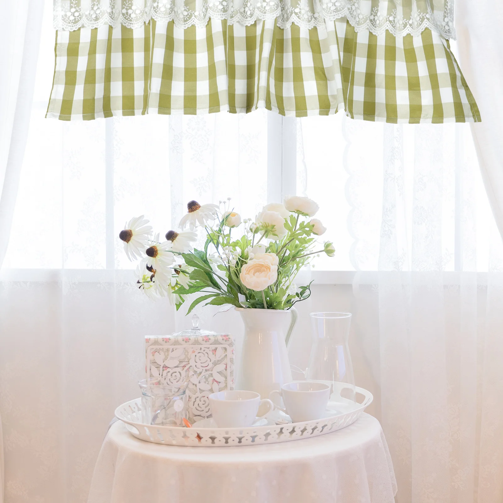 

Lace Curtains Kitchen Decor Light Grey Short Window Cafe Cloth Half Curtain Home Supplies Energy Saving Privacy Delicate Design