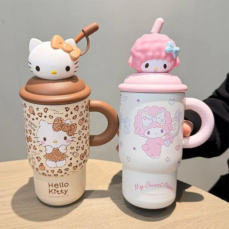 Cute 3D Doll Top Sanrio Insulated Straw Mug with Handle Double Wall Stainless Steel Thermal Cup, Kawaii My Melody Kuromi Tumbler