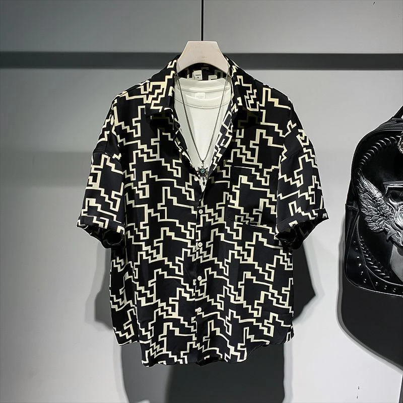 

Men Trendy Geometric Print Oversized Casual Vacation Beach Shirts Summer Vintage Lapel Short Sleeve Y2K Chic Tops Ropa De Hombre