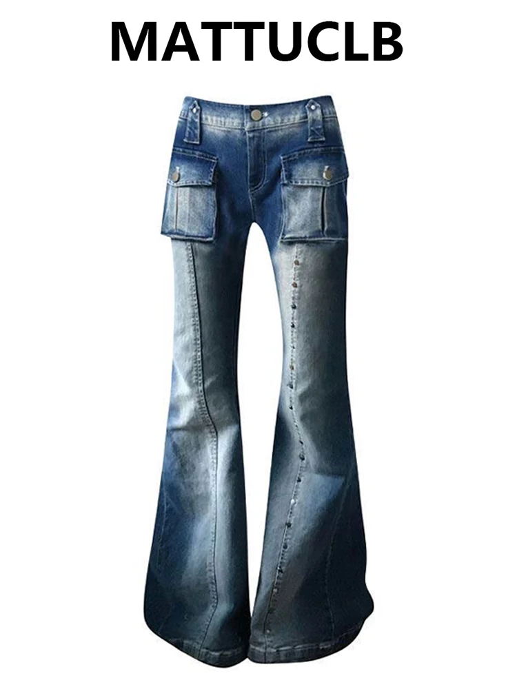 Celana Menyala Wanita Musim Gugur Musim Dingin 2025 Jeans Kargo Bawah Lonceng Korea Y2k Jeans Skinny 2000S Melar Rendah Koboi Bertumpuk