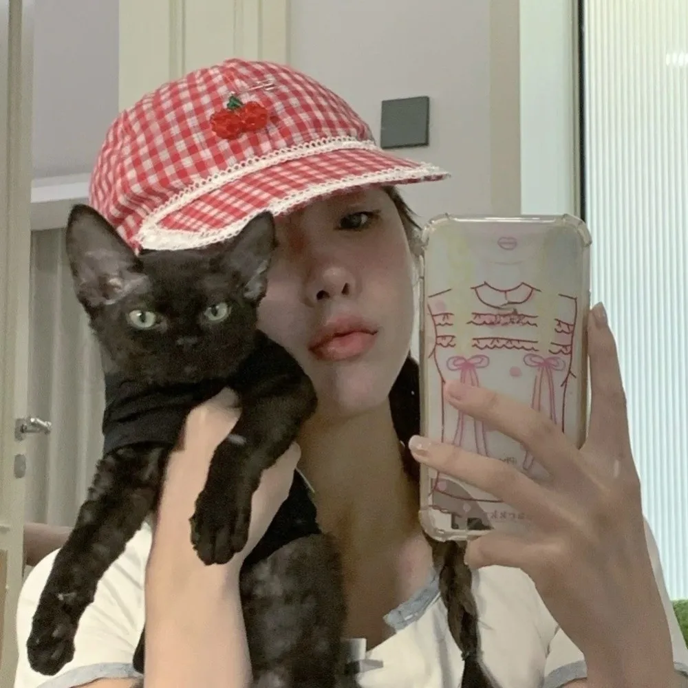 

Apparel Accessories Sunscreen Cherry Pin Cap Cotton Sweet Red Plaid Hat Peaked Cute Lace Baseball Cap Girls