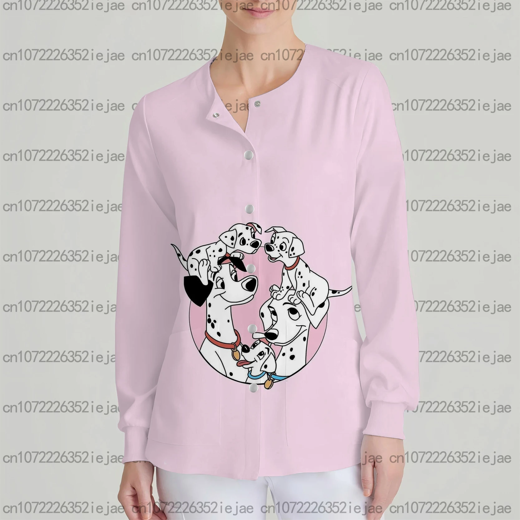 

Осенне-зимняя новая карманная униформа медсестры с рисунком далматина Диснея, женская матовая куртка с принтом, рабочий кардиган с круглым вырезом