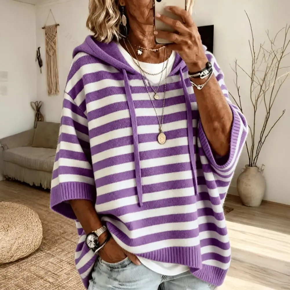 Hooded Pullover Top Women’s Hooded Striped Knit Sweater Loose Half Sleeve Pullover Autumn Winter Drawstring Hoodie for Comfort
