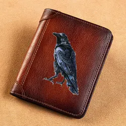 High Quality Genuine Leather Men Wallets Vintage Steampunk Crow Design Short Card Holder Purse Trifold Men's Wallet BK3849