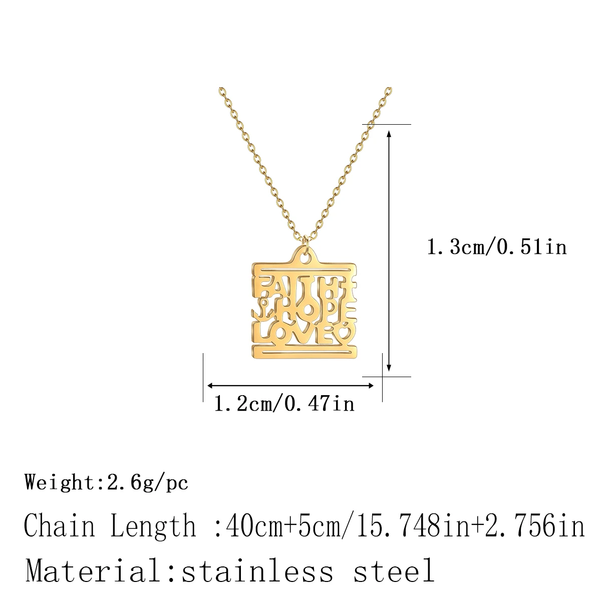 Kinitial Stainless Steel Laser Cut Faith Hope Love Pendant Square Necklace Charm Jewelry Birthday Party Gifts for Women Men