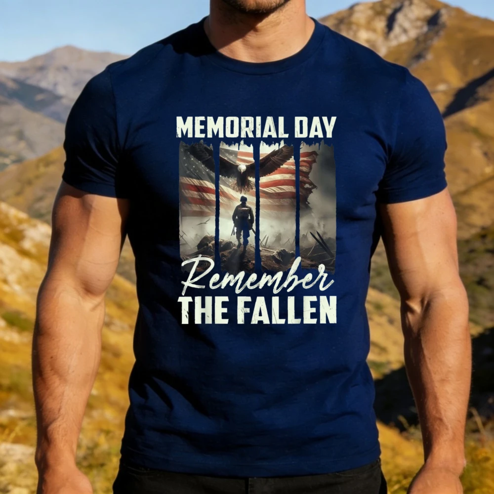 Memorial Day Remember The Fallen Graphic Shirt Men Cotton Short Sleeve Bald Eagle Battlefield Soldier Fallen Heroes Tribute Tops