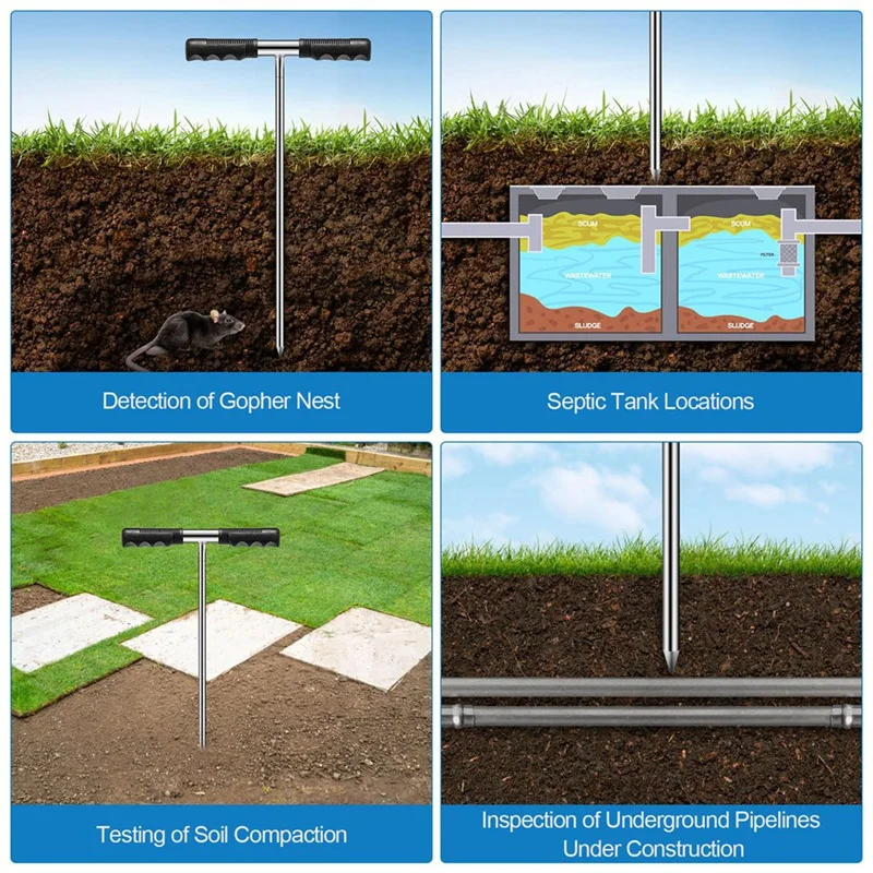 Solid Stainless Steel Soil Probe Rod, Adjustable 17-32-48 Inch, Septic Tank Probe Rod, Ground Probe With T-Handle