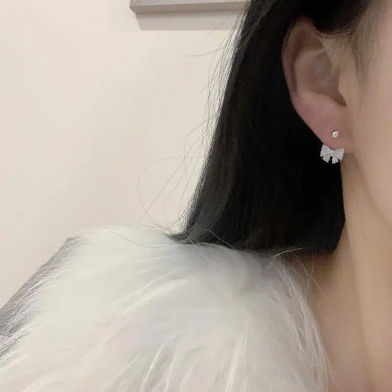 Silver Color Zircon Bowknot Stud Earrings Women Minimalist Cute Fashion Jewelry Detachable Accessories Gift