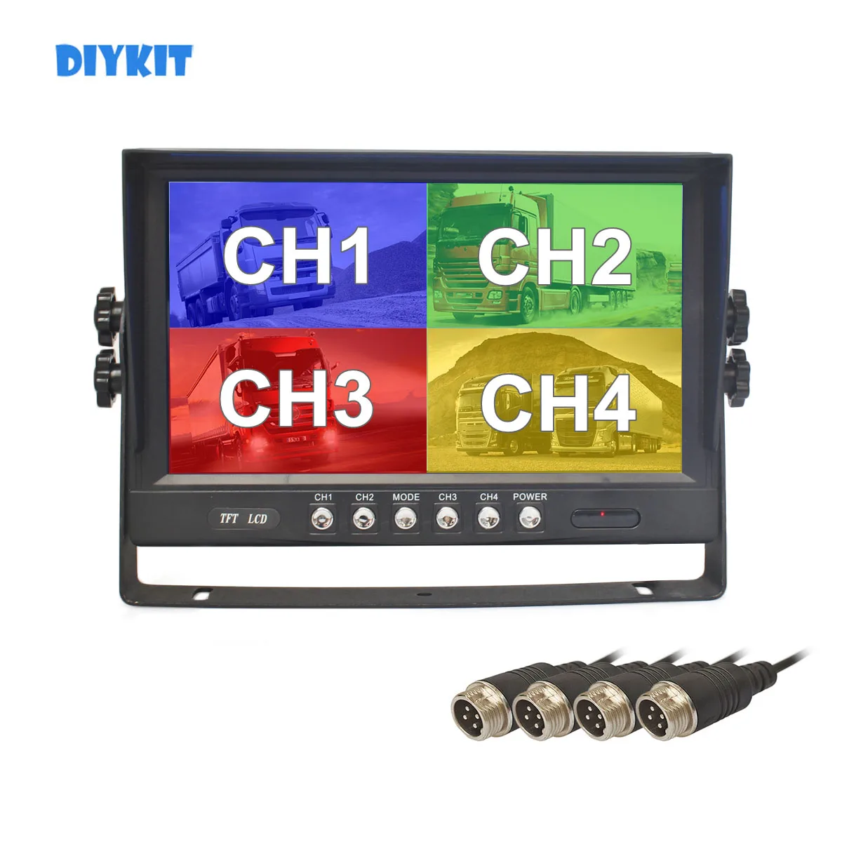 

DIYKIT 9inch 4CH 4PIN 4 Split Quad Screen Display Backup Rear View Car Monitor for Car Truck Bus Reversing Camera 12V-24V DC