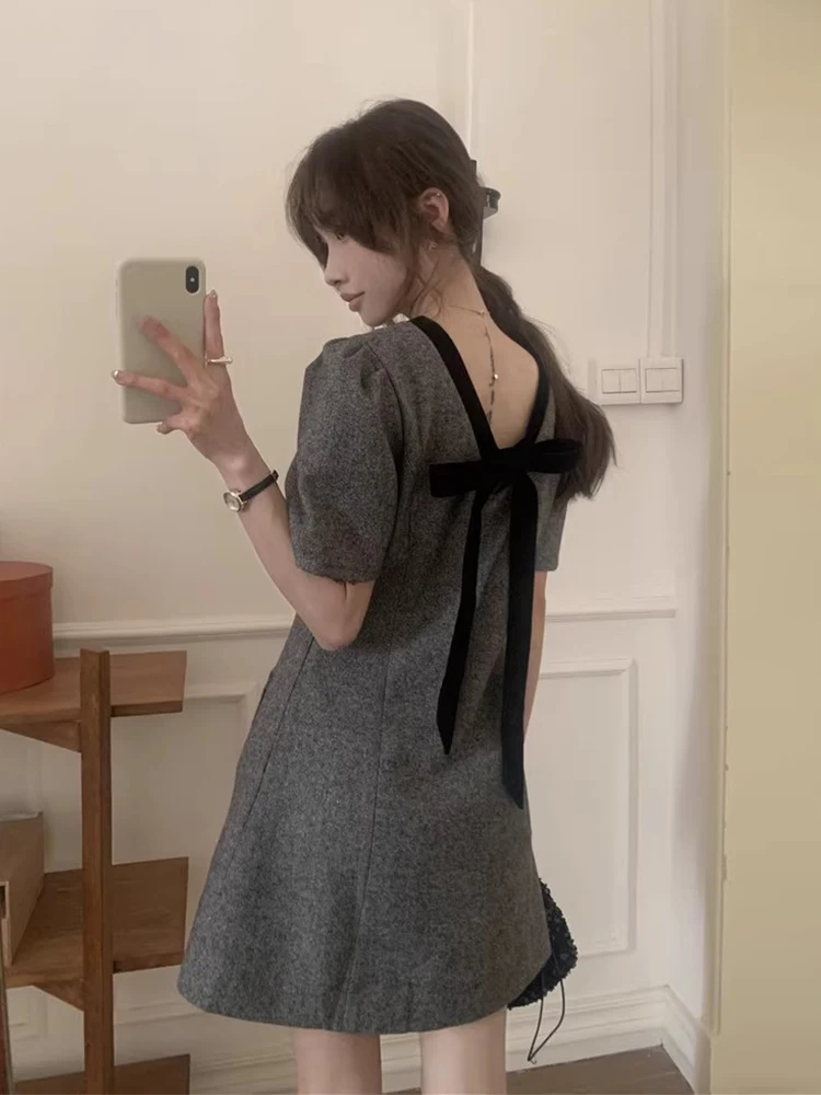 

Chic Summer Vintage round Ne Ba Strap Knot Color Blo A-Line ort Sve Dr Women's High Waist Commute Sle