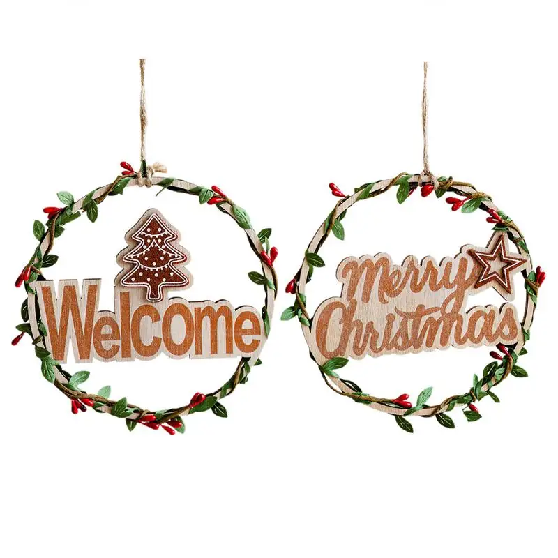 Christmas Welcome Wreath Pendant Wood Reusable Christmas Door Decorations With Red Bow Front Door Hanger Christmas Wreath