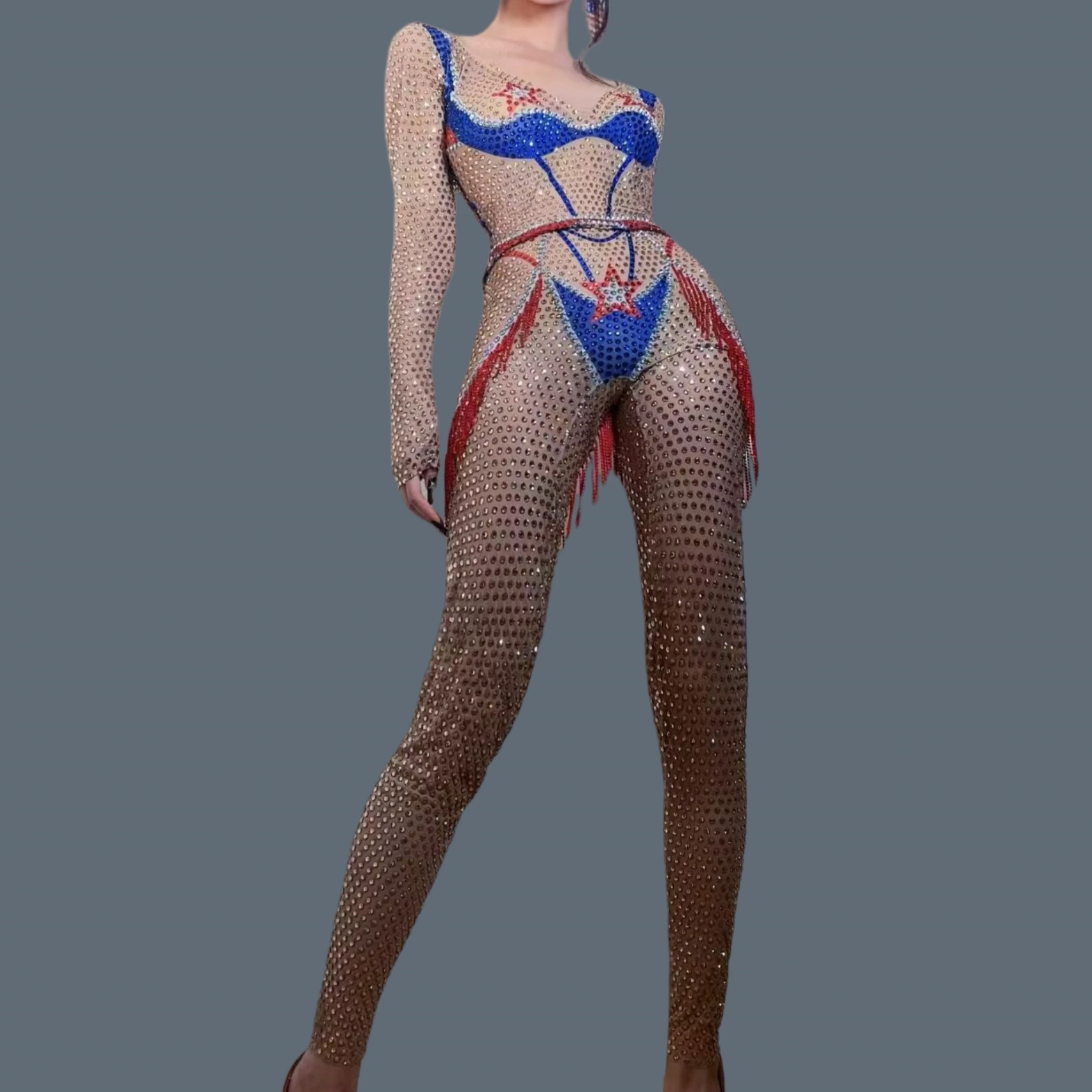 

Luxury Sparkly Full Rhinestone Spandex Jumpsuit Halloween Festival Celebrate Tight Fitting Jumpsuit gig Performance Wear Xuebi