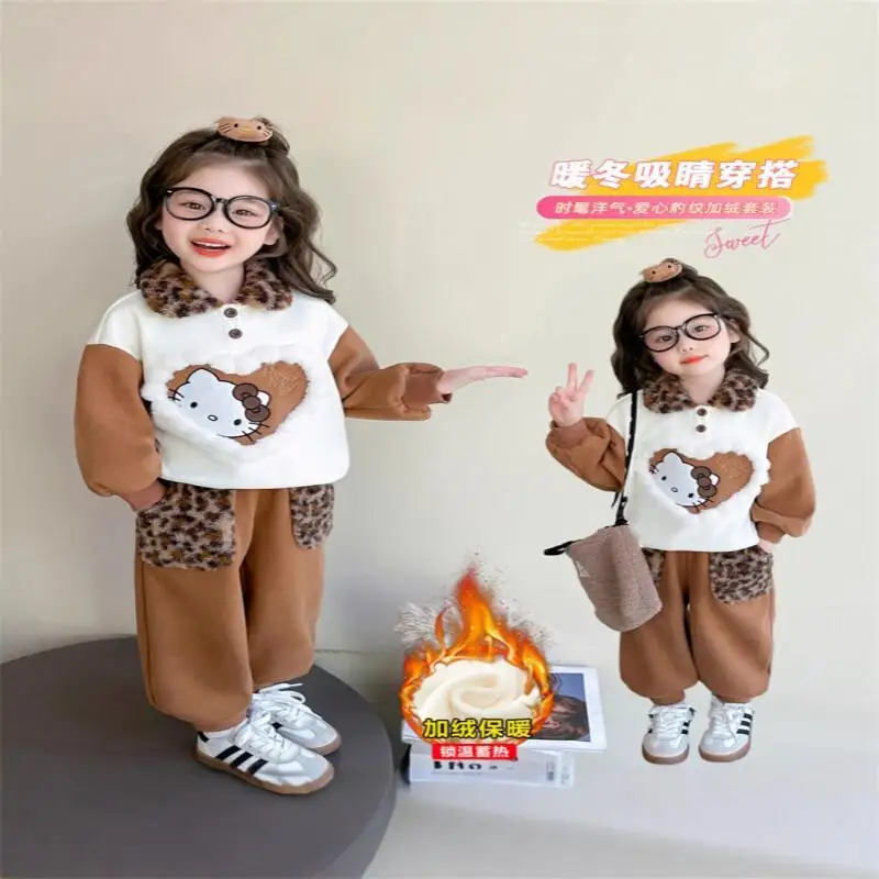 

Sanrio Hello Kitty Homewear Set Love Small Girls' Elegant Autumn Winter Girls' Velvet Set Casual Children Cartoon Leopard Print