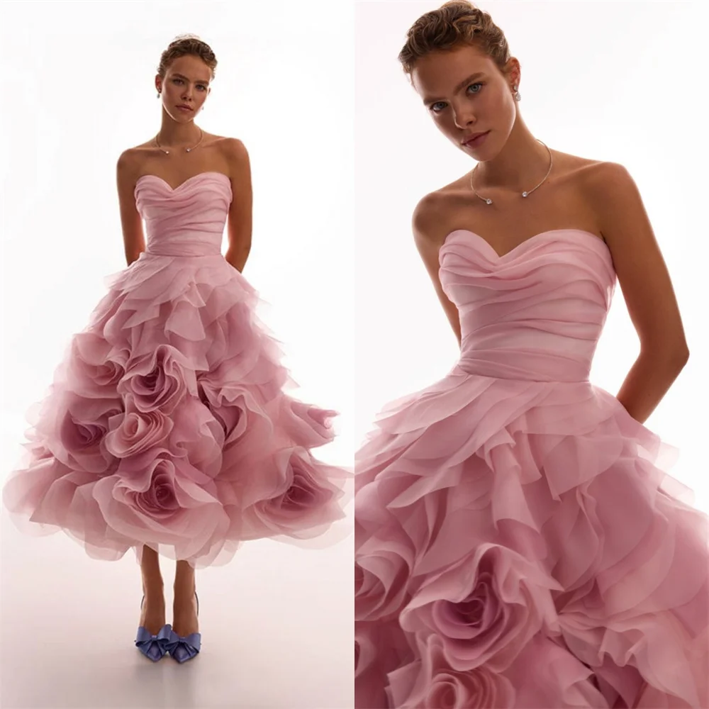 Contessa Custom Pink Strapless Evening Dress Sweetheart Ruched Prom Dresses 3D Rose Vestidos De Noche Organza Formal Evening image 2