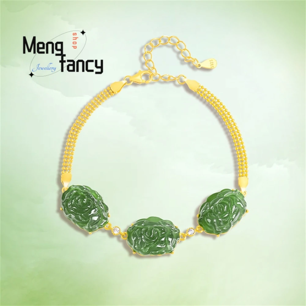 

S925 Silver Inlaid Natural Material Hetian Jade Rose Flower Bracelet Luxury Quality Fashion Jewelry Exquisite Elegant Charms