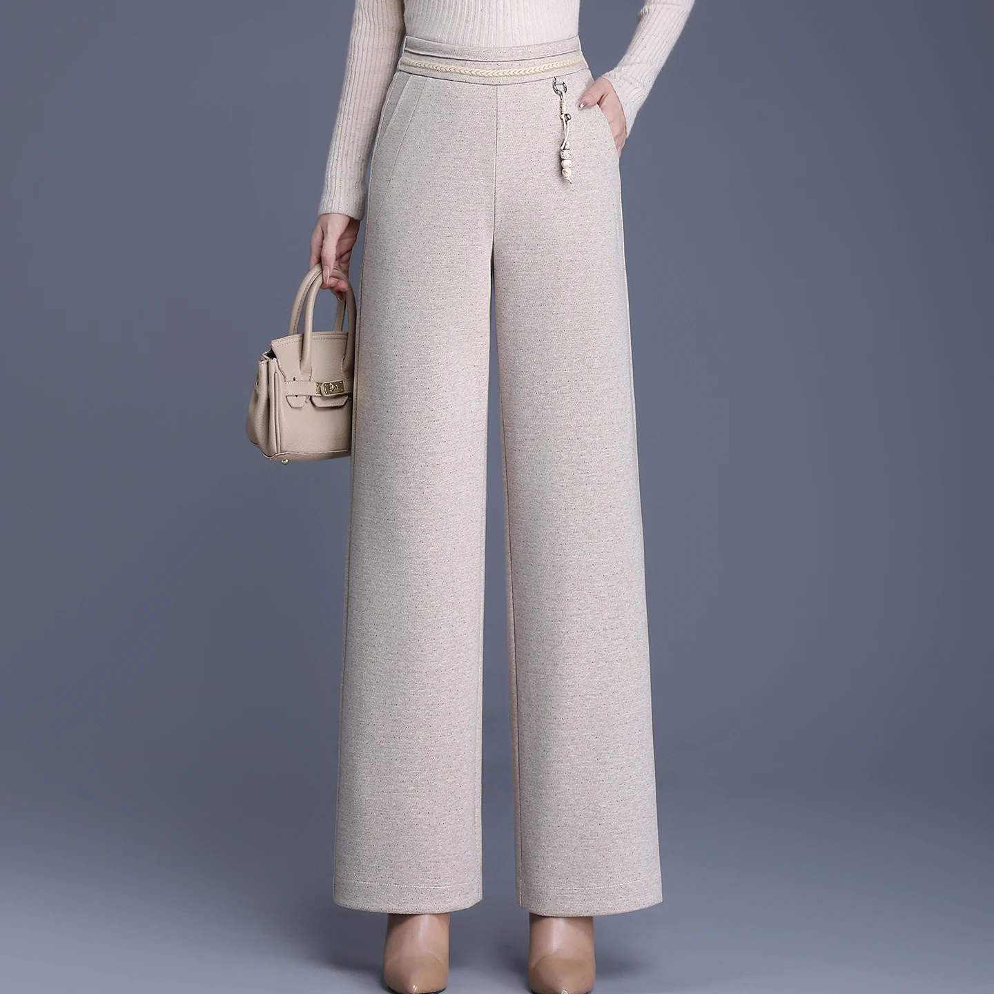 

Женские утепленные шелковые хлопковые брюки с высокой талией, зимние, из флиса, шерстяные, широкие, прямого кроя, для похудения