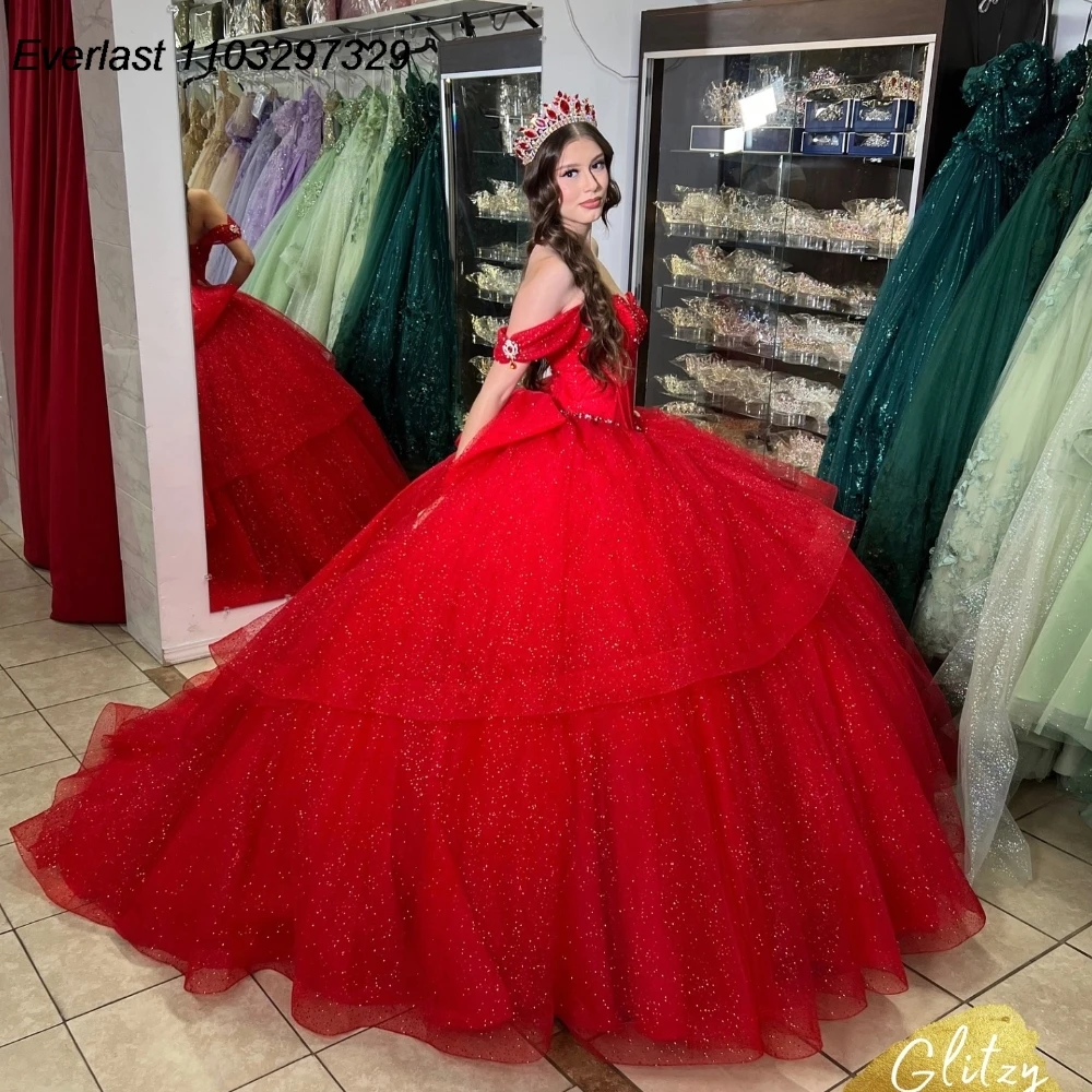 EVLAST Glitter Red Quinceanera Dress Ball Gown Shiny Applique Beaded Crystal Tiered corsetto Sweet 16 Vestido De 15 Anos TQD965