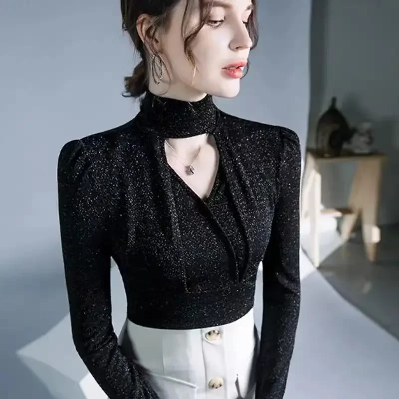 Tops Woman Sequin Glitter Sexy Rhinestone Turtleneck Long Sleeve T Shirt for Women Gold Coquette Clothes Korean Clothing Sale