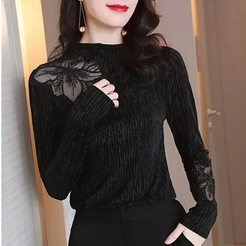 Elegant Solid Color Loose Gauze Diamonds Blouse Women Clothing 2023 Spring New Oversized Casual Pullovers Office Lady Shirt