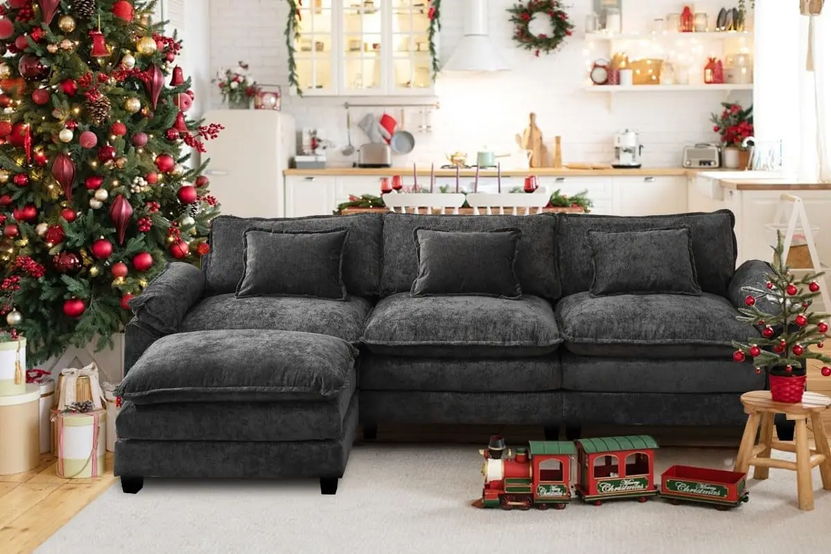 

119” Comfy Cloud Chenille Sofa Couch, Cozy Deep Seat Sectional Sofa w/Chaise, Upholstered Modern L-Shaped Modular Loveseat