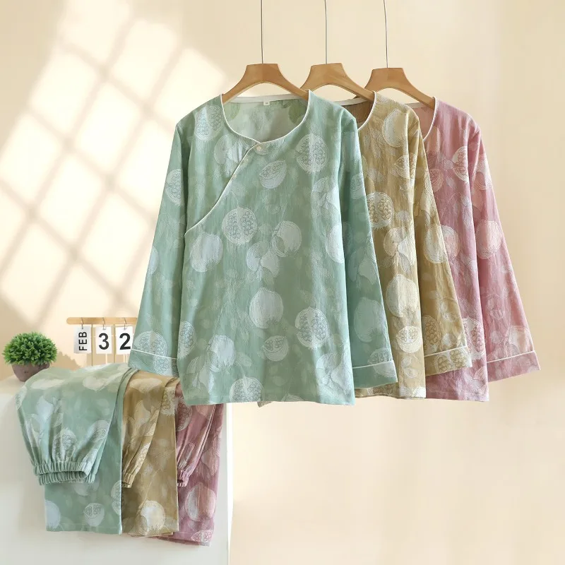 

2025 New Spring and Autumn Women's Pajama Set 100% Cotton Gauze Ancient Style Long Sleeve Long Pants Round Neck Home Clothes