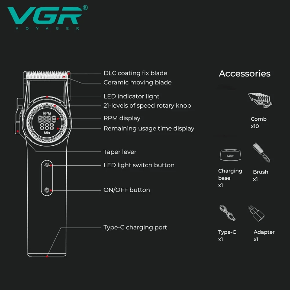 VGR Hair Clipper Cordless Hair Trimmer Professional Hair Cutting Machine Rechargeable Haircut 9000 RPM Clipper for Men V-001