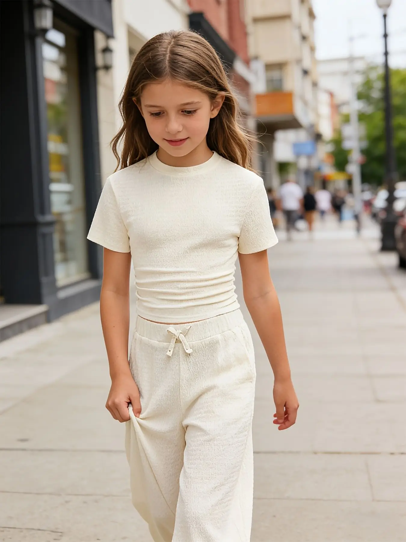 Mädchen 2-Teiliges Freizeit-Set: Figurbetontes Oberteil + Weite Hose Ein vielseitiges Design mit einem trendigen Street-Style-Vibe – bequem und perfekt. – Detail 4