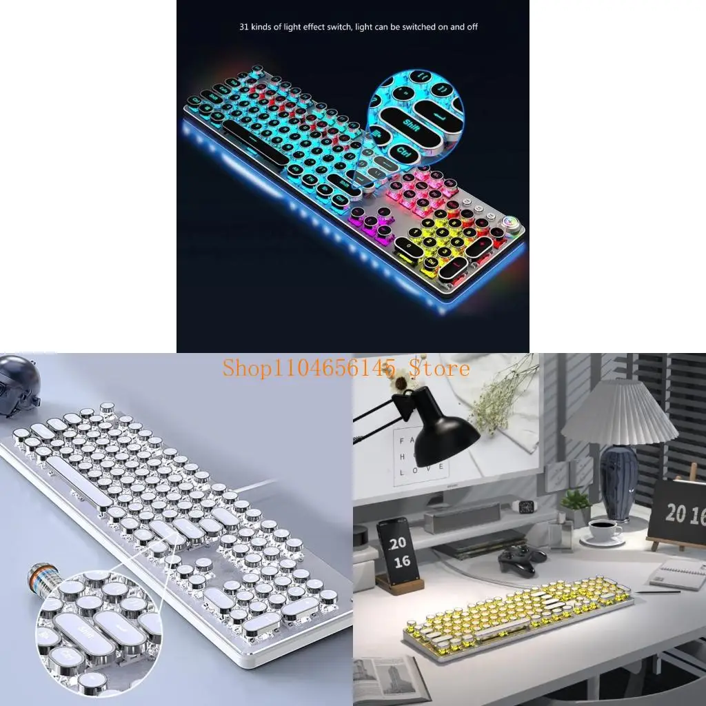 

5ASD Белая подсветка Механическая клавиатура с 104-ключом ретро круглую панк-клавишные клавиши ручки медиа-машинки, белый