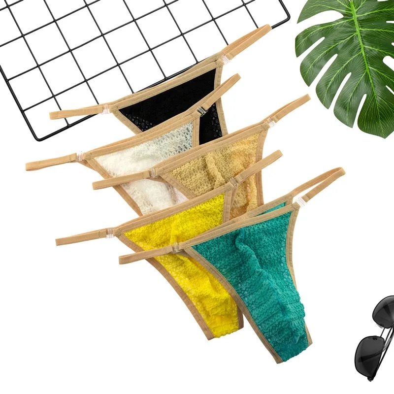 Sexy Herren-Spitzen-Tanga-Unterwäsche, dünn, schnell trocknend, Netzstoff, zu öffnende Druckknopf-Unterhose, niedrige Leibhöhe, bequem, freche Höschen für Jugendliche