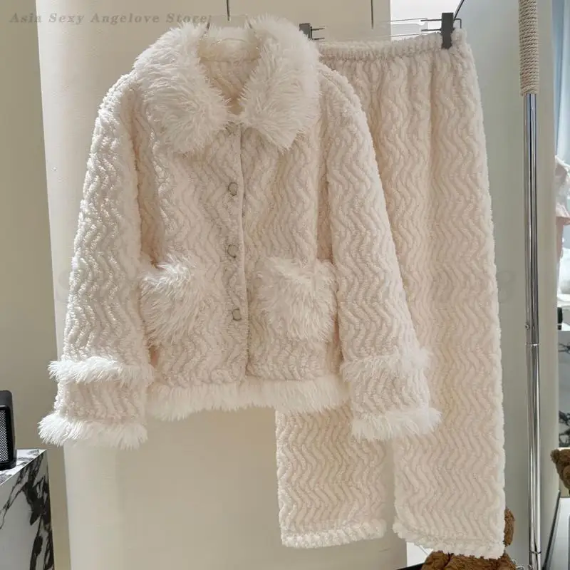 

Female Elegant Winter Pajamas Set Home Wear Casual Coral Fleece Sleepwear Thick Long Sleeve Top&trouser Pyjamas Suit Loungewear