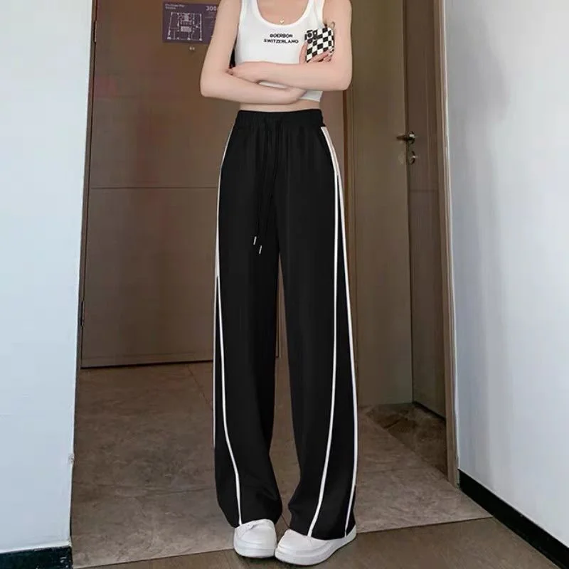 Calça esportiva feminina de seda gelo, primavera e verão, fina, novo estilo, solta, cintura alta, casual, secagem rápida, duas barras, reta, pernas largas